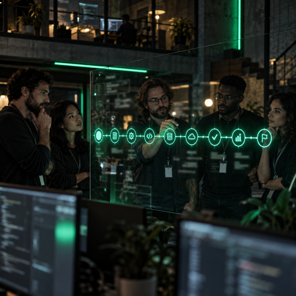 Software team reviewing a nine stage quality gate pipeline on a glass board