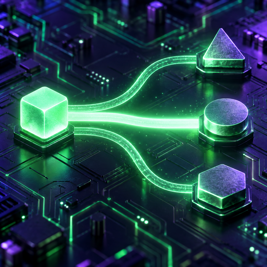 A glowing product node splitting into three development paths