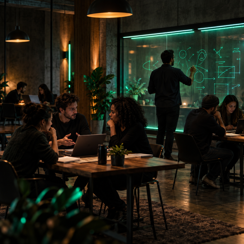 Startup teams working at tables while a mentor sketches on a glass board